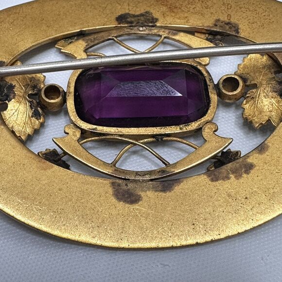 Art Nouveau Sash Pin Brooch Autumn Leaf design Amethyst Glass George L Paine Co - Picture 9 of 16